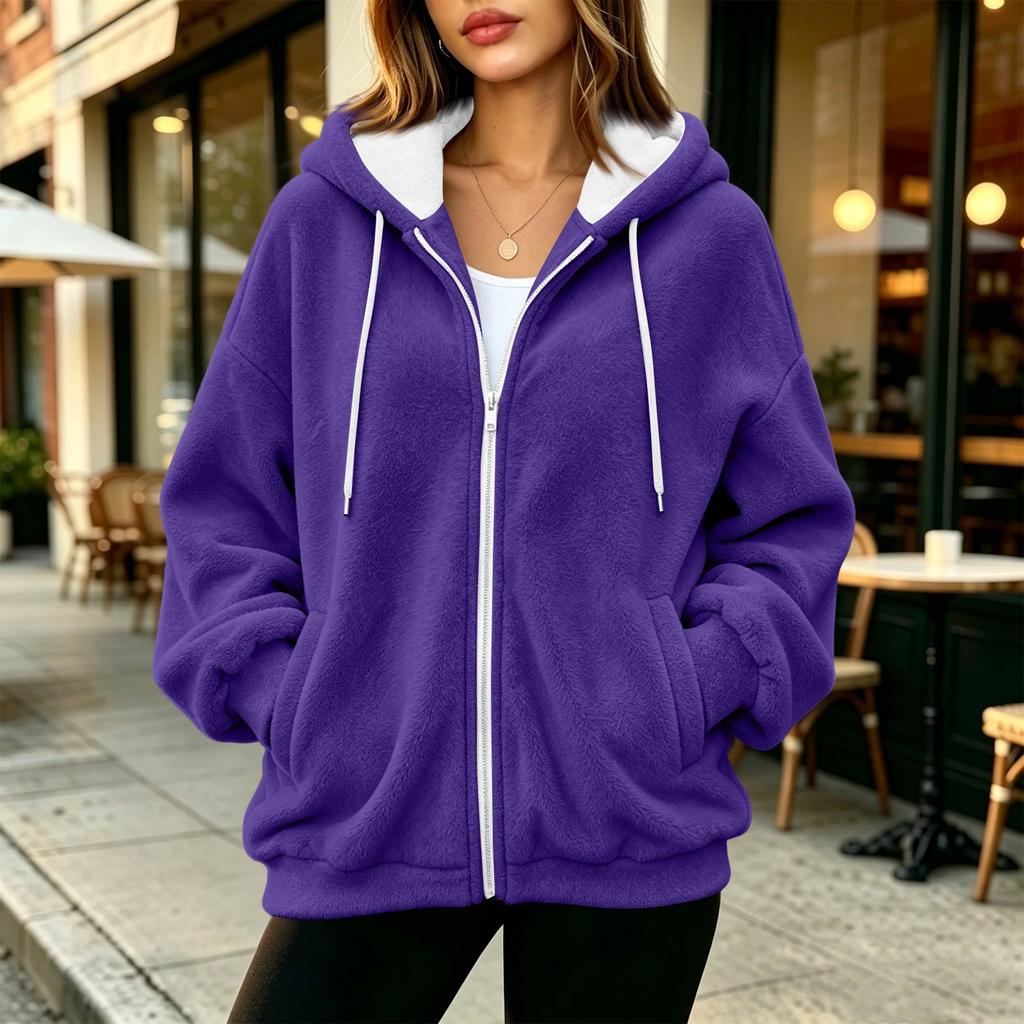 Sweat à capuche zippé pour femme, manches longues, coupe ample, veste décontractée de couleur