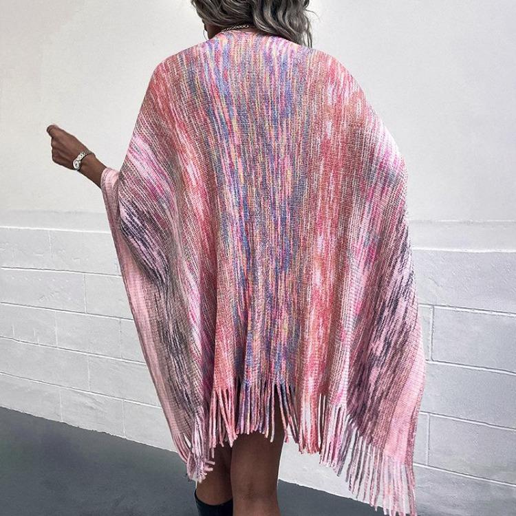 Women Winter V-Neck Loose Knitwear Cardigan Bat Sleeve Cross Border Cloak Autumn Color Collision Sweater