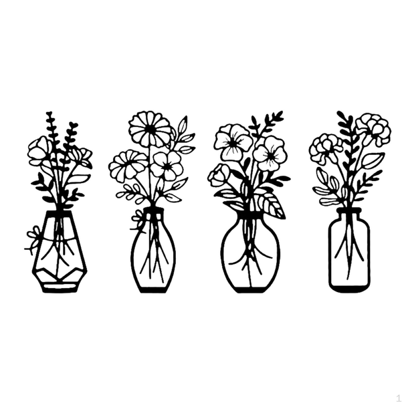 

4 Pieces Vase Wall Art Iron Painting Collectible Rustic Creative Floral Decor for Bathroom чорний