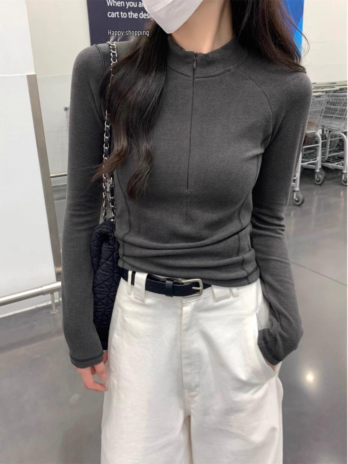 

Women s Fishbone Design Fleece T-shirt with Half-high Collar & Zipper - Long Sleeve Base Layer for Spring, Autumn, Winter 2025 L серый