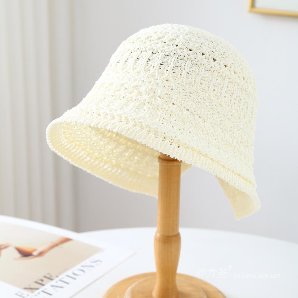 Women's Hollowed-Out Breathable Bucket Hat with Rolled Brim Solid Color Spring-Summer Face-Slimming Fisherman Hat