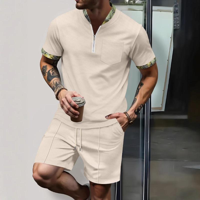 Men's Waffle Knit Half Zip Casual Tracksuit Short Sleeve Shirt and Shorts 2-Piece Set with Camouflage Trim