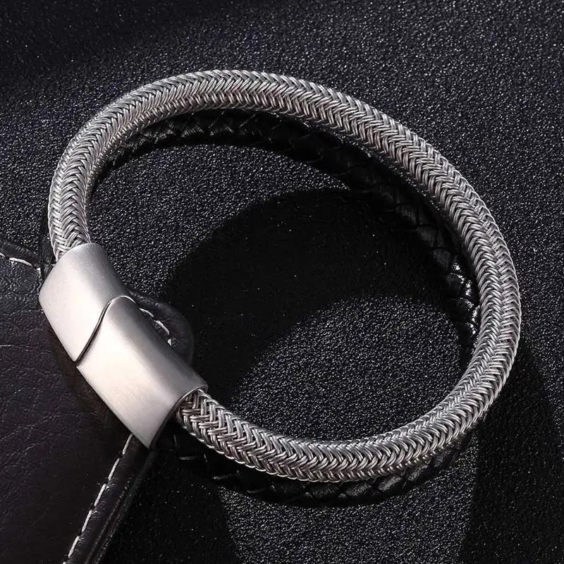 Classic Style Leather With Stainless Steel Stitching Combination Men's Bracelet Steel Buckle Party Accessories Gift