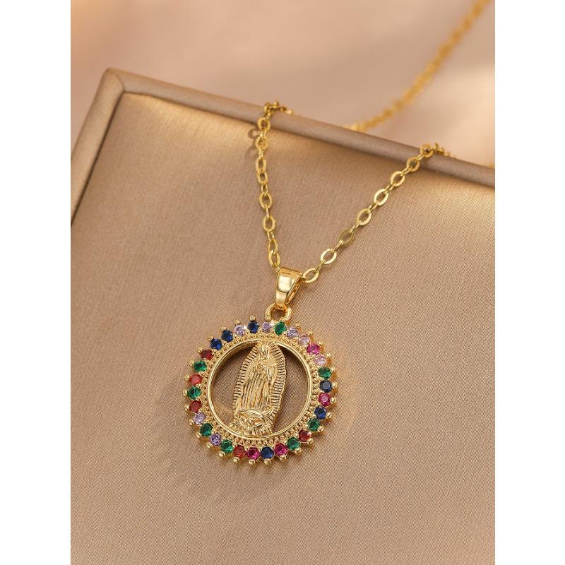 Fashionable and Simple Copper-inlaid Micro-color Virgin Mary Pendant Necklace for Women