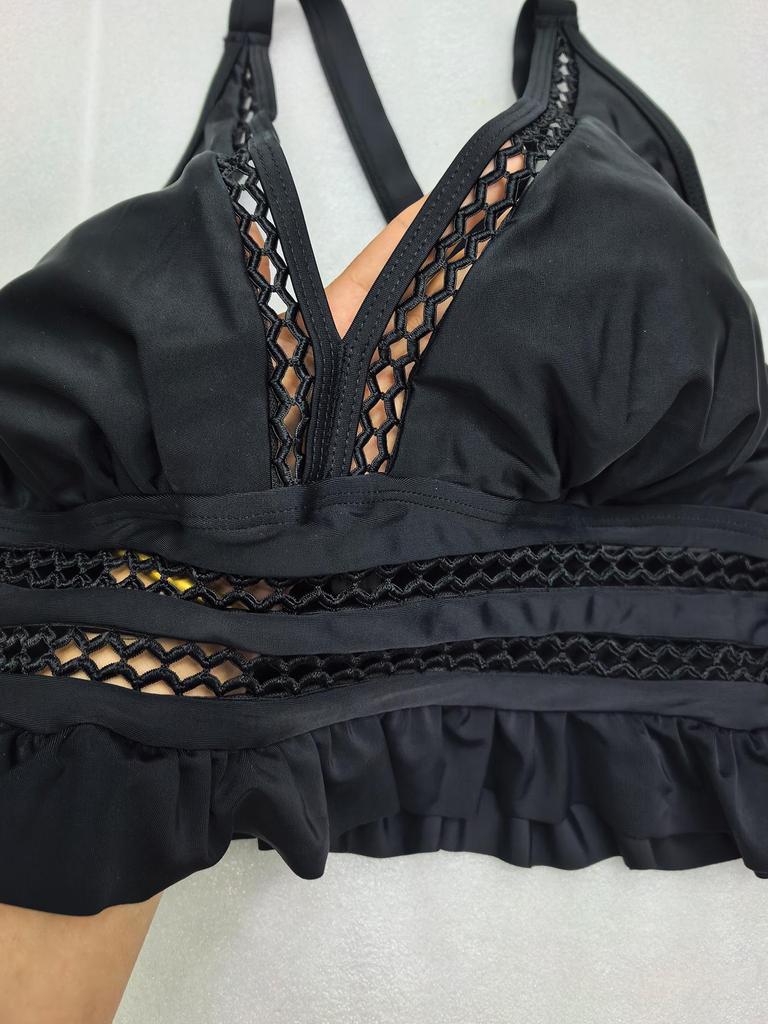 Damen Sexy High Waist Rüschen Badeanzug - Große Größen, Europäisch Amerikanischer Stil, Bauchkontrolle, Cut-Out Design Badebekleidung