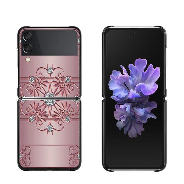 Phone Case For Samsung Galaxy Z Flip3 5g Back Cases For Samsung Z Flip Capa Black Shell Fundas Rose Pink Purple Bling Pattern