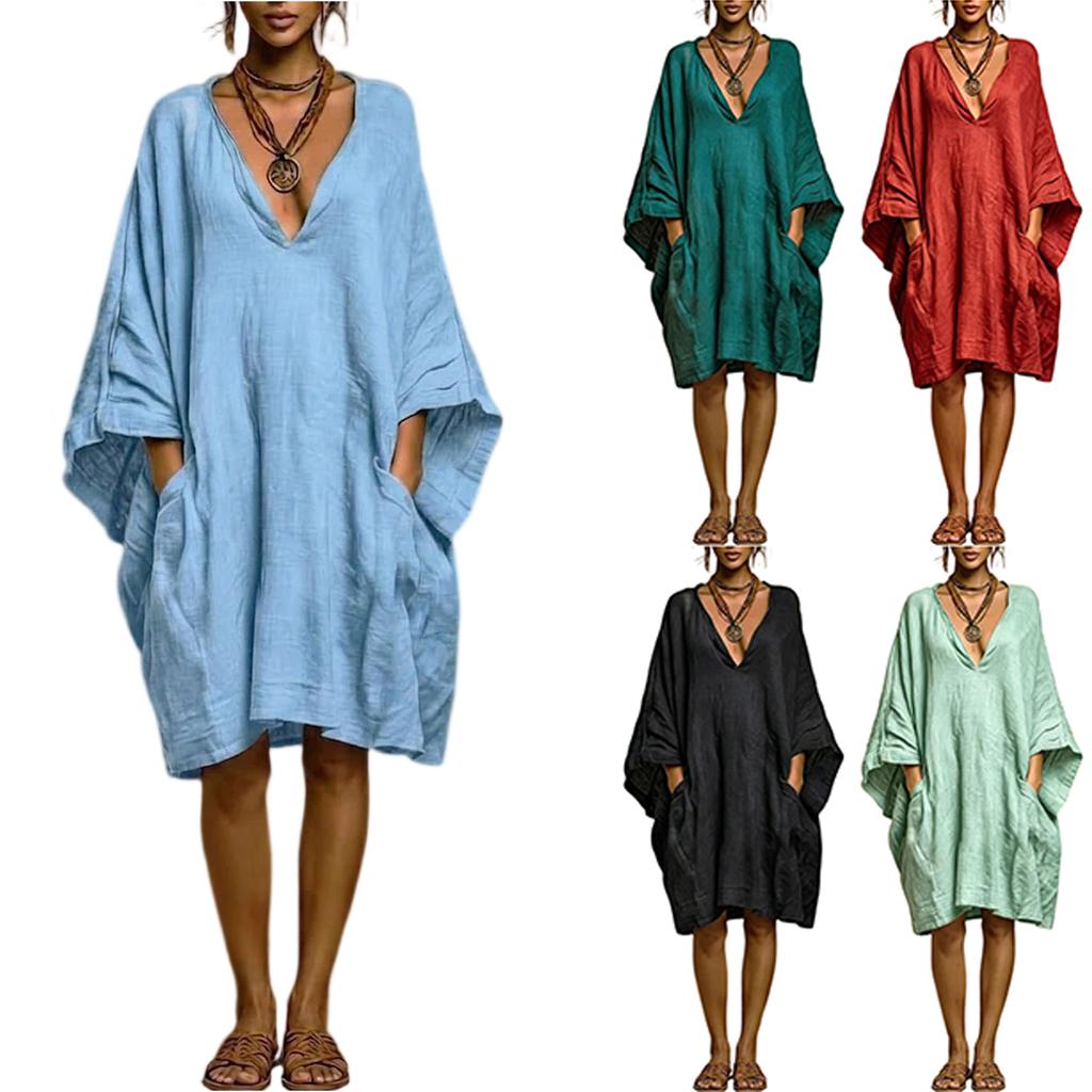 Women's Fashion Loose Fit Batwing Sleeve Dress V Neck Casual Comfortable Lightweight Fabric Pocket Detail Summer Beachwear