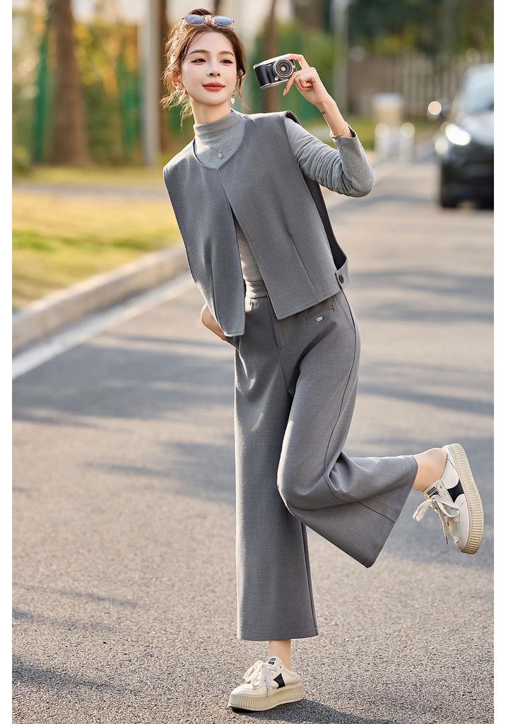1116 Autumn New Turtleneck Bottom Shirt Cardigan Vest Wide Leg Pants Three-piece Women's Fashion Casual Women's Clothing Set