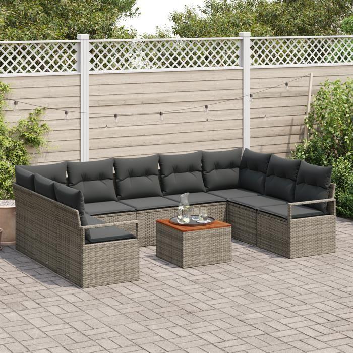 Ensemble de Canapés de Jardin 10 Pièces avec Coussins Gris Poly Rotin Acacia, Canapé de Jardin 2 Places avec Coussins Gris 3347748