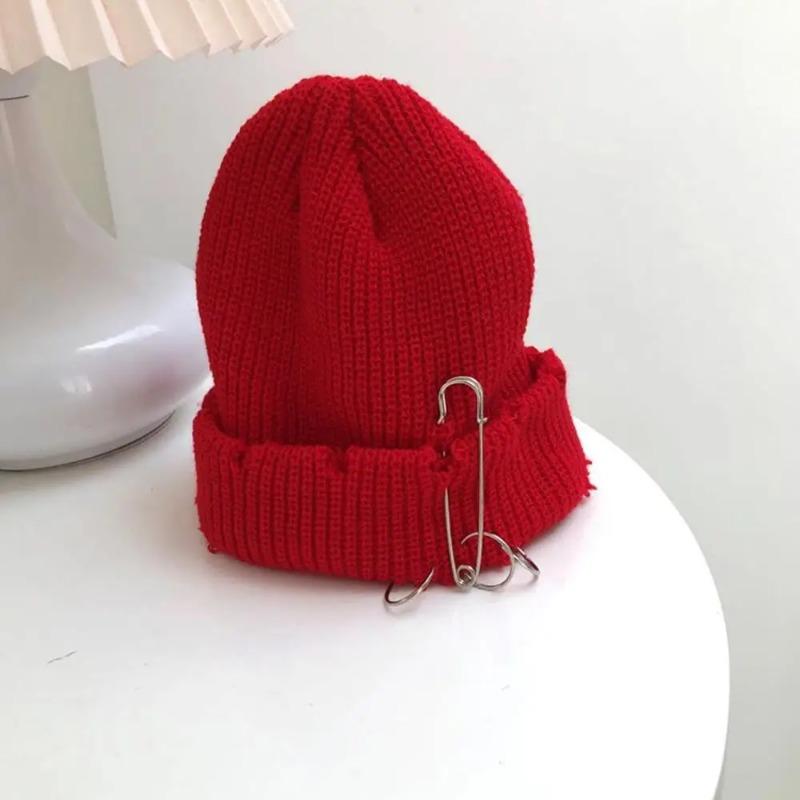 Unisex Warm Knitted Hats Hip Hop Beanies Cap Metal Pin Ring Brimless Hat Ripped Holes Edging Skullcap Hat Winter Caps