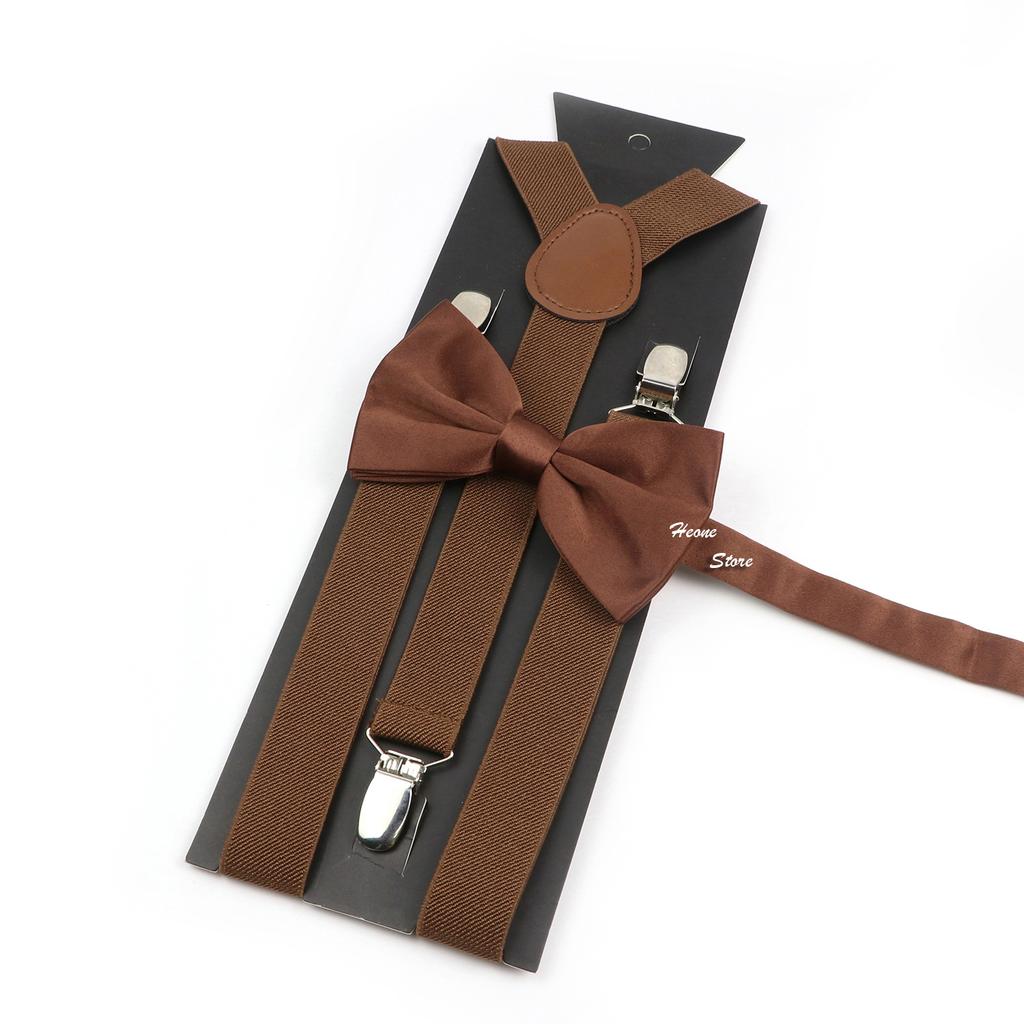 Men Kids Yellow Khaki Brown Suspender Bowtie Set Elastic Adjustable Y-Back Braces Straps Daily Father-Child Braces Accessory