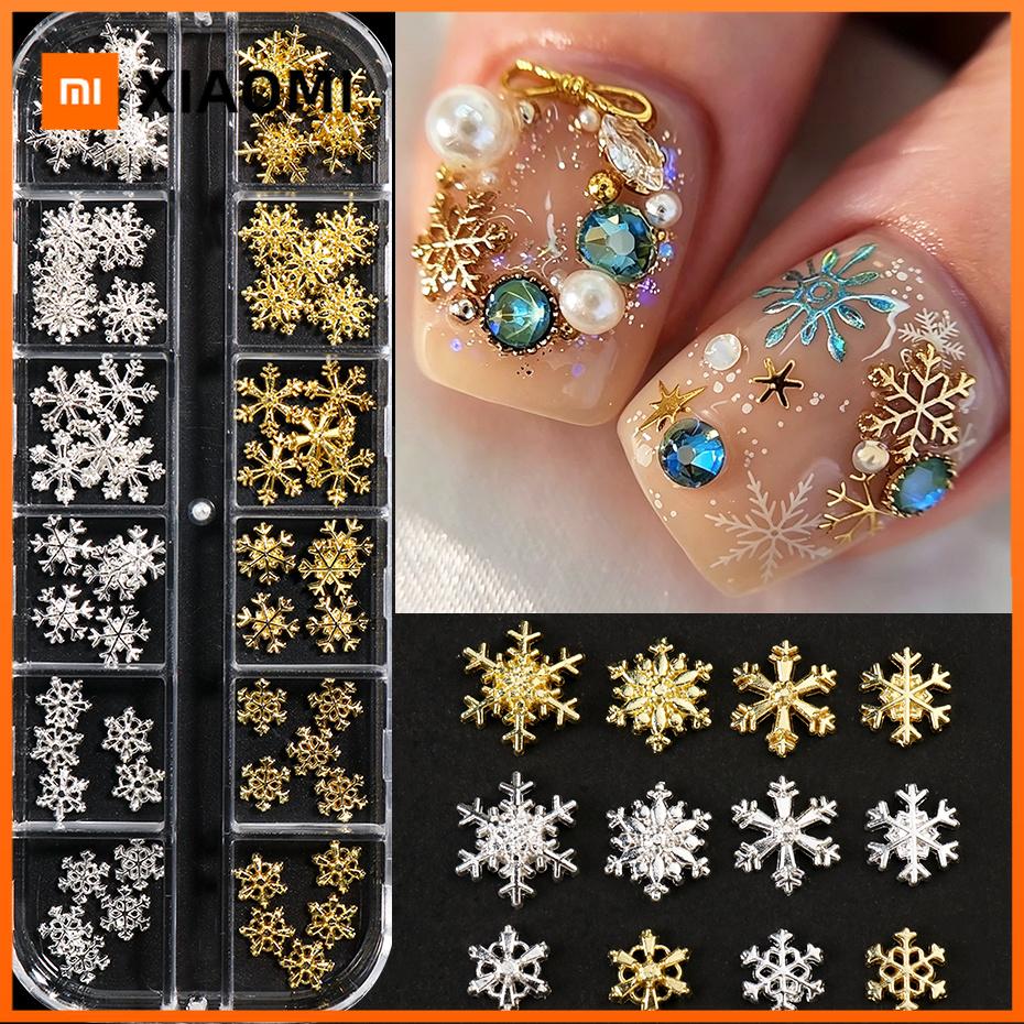 Xiaomi 12 Grids Metallic Snowflake Nail Charms Multiple Shapes Elegant Golden Silvery Snowflake Nail Decoration for Winter Nail Decor