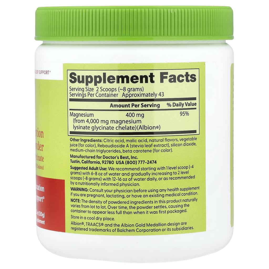 Doctor's Best Superabsorbent Magnesium Powder, Strawberry Lime Flavor, 350g (12.5oz)