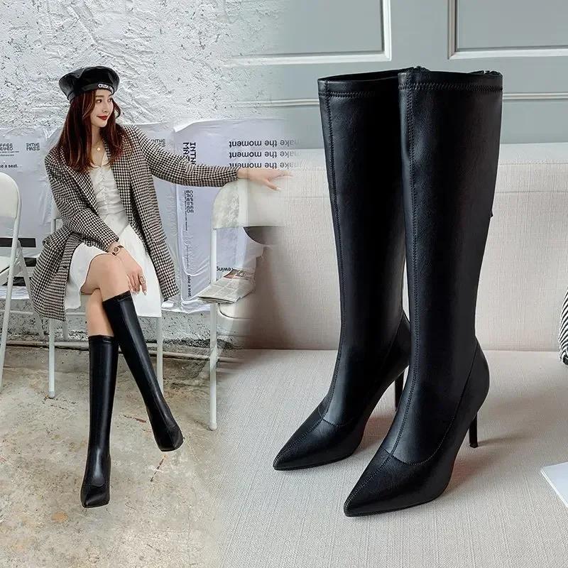 New Leather High Quality Women Over The Knee Boots Super Thin High Heel Sexy Ladies Long Boots Fashion Pointed Toe Zipper Botas