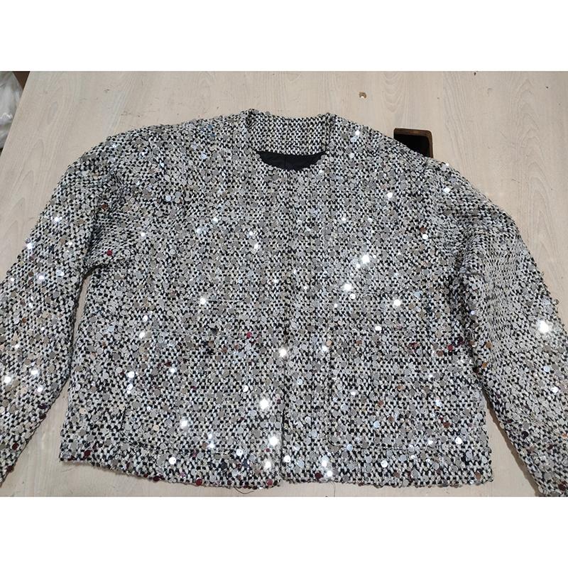 Round Neck Sequin Tweed Blazer Women's Embroidered Bead Coat Elegant Office Lady Long Sleeved Jacket New Fashion Spring and Autumn