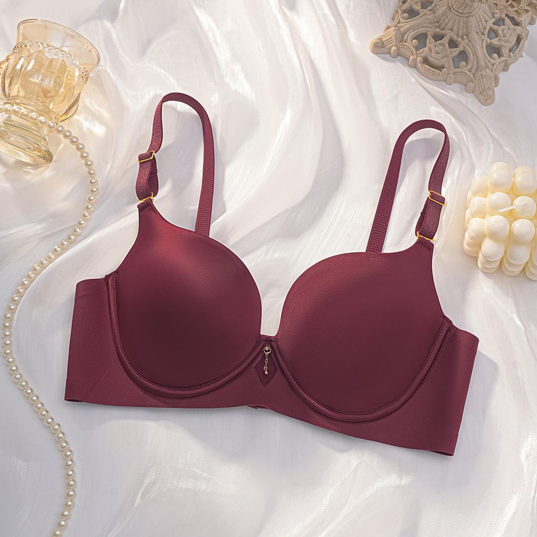 

Атласный бюстгальтер с драпировкой для женщин, бесшовный и без косточек, бюстгальтер с гладкой поверхностью, бюстгальтер пуш-ап 40/90B вино красного