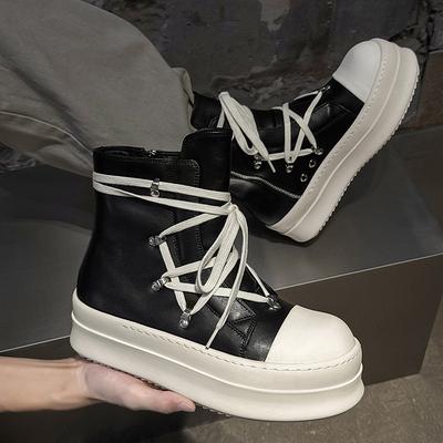 Neue europäische und amerikanische Kurzstiefel High-Top Lederoberfläche atmungsaktiv schwarz und weiß personalisiert dicker Boden Verdickung und Orgasmus