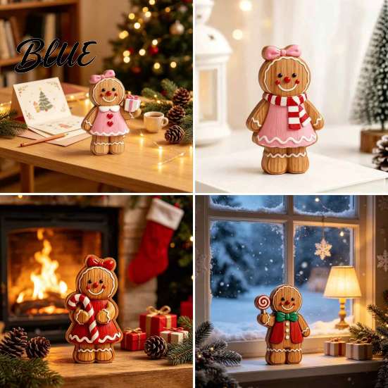 Holiday Tabletop Decor Cartoon Gingerbread Wooden Ornament Double-sided Printed Desktop Figurines Style Decorative Craft for Home And Party Display