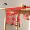 Holiday Table Runner Christmas Lace with Tassels, Sheer Embroidery Snowflake Sleigh Xmas Tablecloth, Cover for Parties Dining Room Decor Entryway