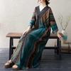 Women Plus Size V-Neck Long Sleeve Cotton Linen Maxi Dress Vintage Print Sun Protection Loose Slim-Fit Long Dress