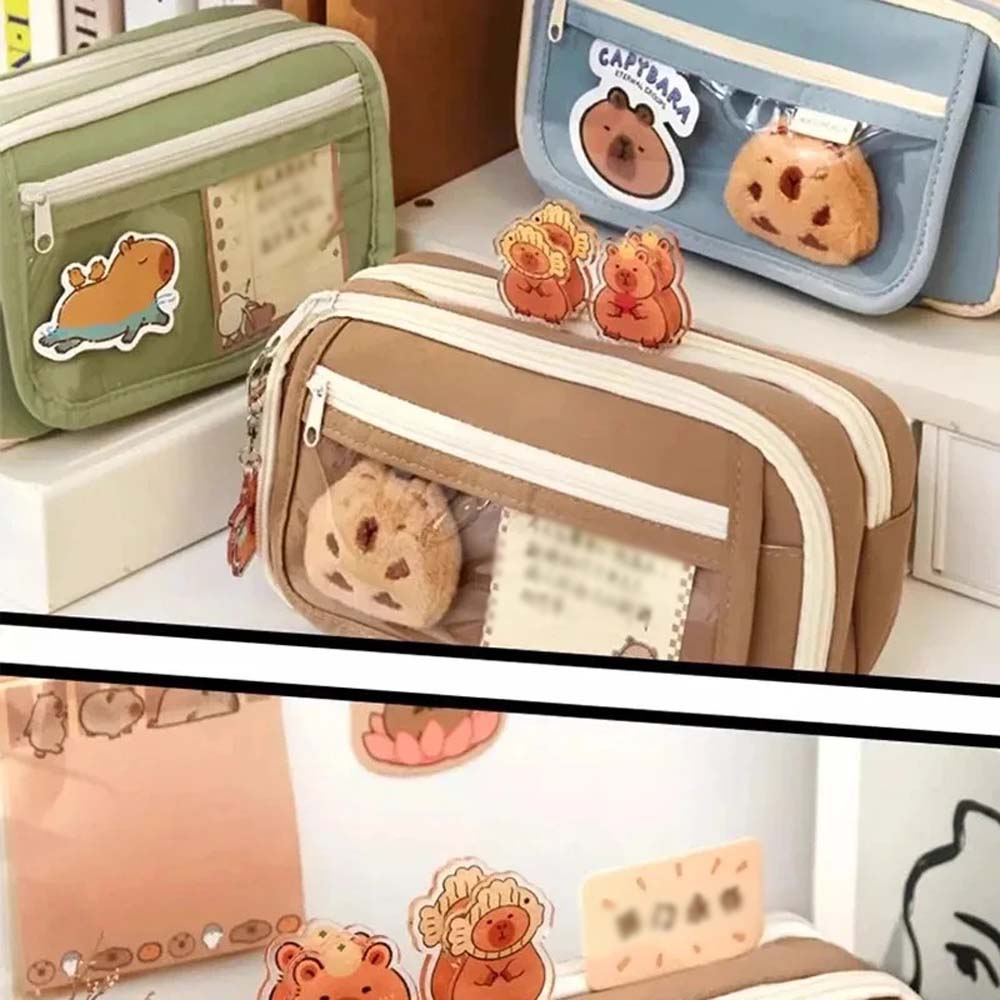 Kreativní roztomilý kapybarský sáček na tužky se závěsnými ozdobami, brožové náhodné samolepky, ideální pro školy, kanceláře, milovníky zvířat