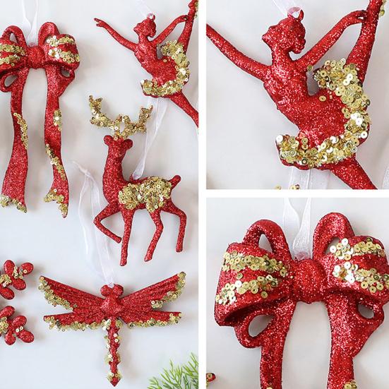 Glitter Sequined Christmas Ornament Red Snowflake/Butterfly/Star/Reindeer/Ballerina Hanging Decoration for Xmas Tree Doors Walls Holiday Home Decor