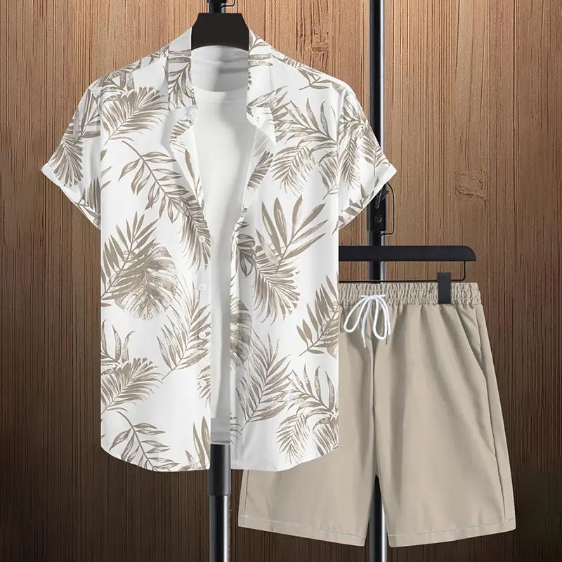 Stylish Lapel Button-Down Shirt Shorts Set Summer Men's Short-Sleeved Shirt Drawstring Shorts 2-Piece 3D Leaf Print Travel Suit