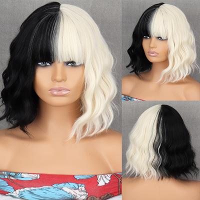Women's Short Synthetic Fiber Wig with Bangs Half Black Half White Wig Halloween Party Cosplay Lolita Wig