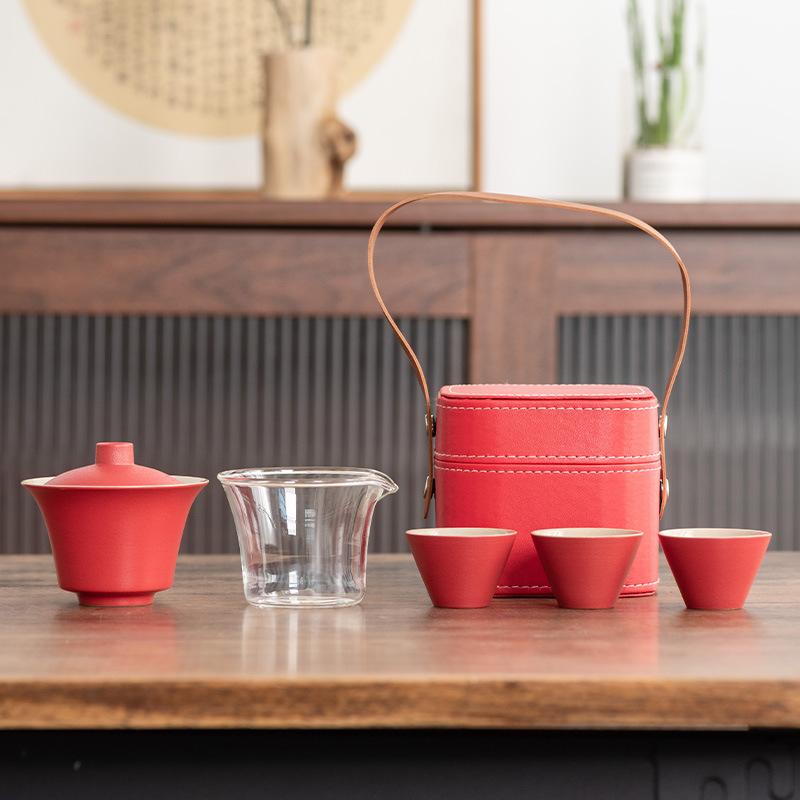 Light Luxury Travel Tea Set Cover Bowl Kuaike Three Cups Outdoor Portable Handbag High-end Ceramic Glass Tea Maker Gift
