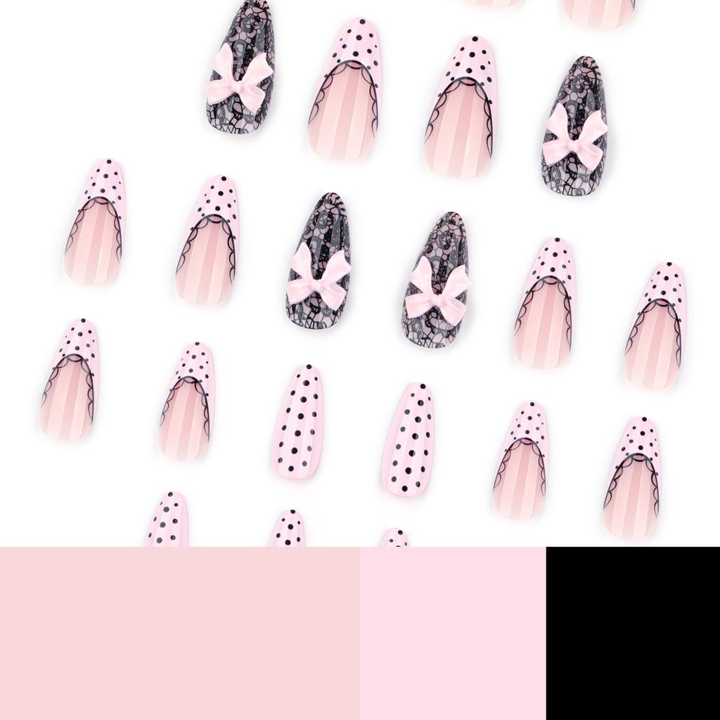 Black Polka Dot Wearing Nail Fake Nail Almond Nail French Pink Manicure Pink Bow Wearing Nail Piece