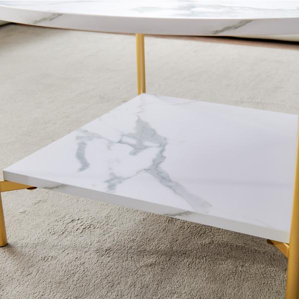 Moderner runder Couchtisch mit Stauraum, goldenes Metallgestell mit marmorfarbener Platte – 31,5 Zoll