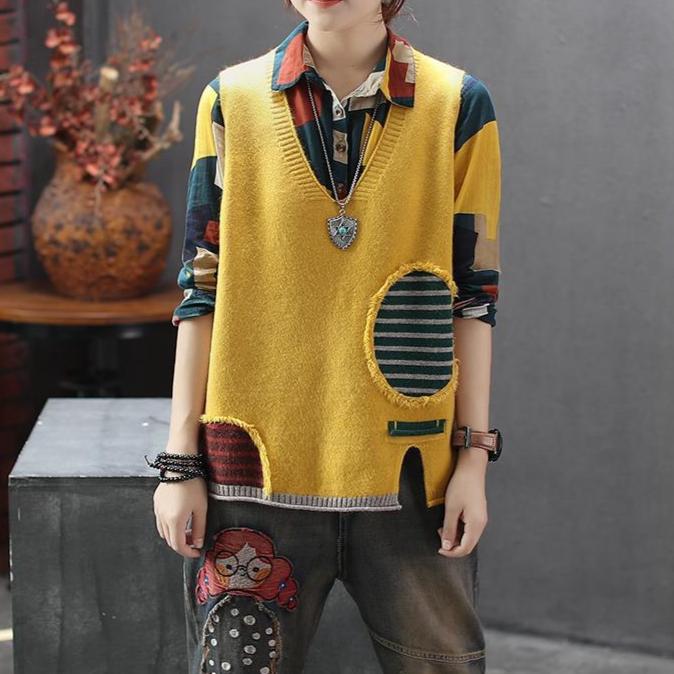 Autumn Winter Women's Loose Knitted Vest Sleeveless Vest Literary Color-block V-neck Pullover Knit Waistcoat
