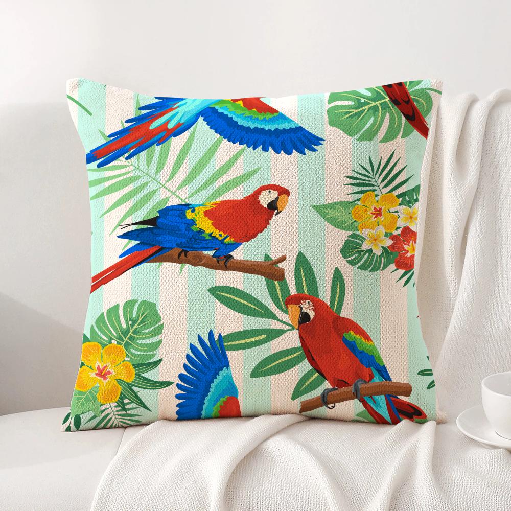 Tropical Parrots Flowers Palm Leaves Cushion Cover Natural Linen Organic Fabric DoubleSided Printing Breathable Perfect Decor