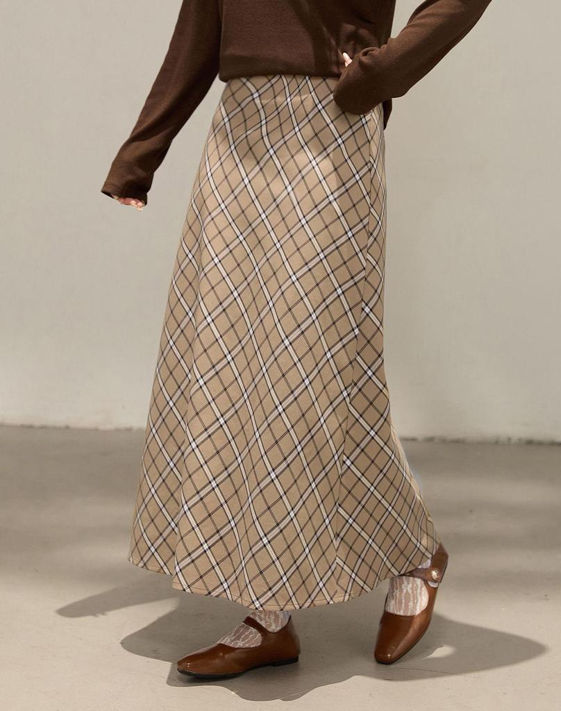 Korean High Waist Plaid A-Line Midi Skirt - Plus Size, Flaw-Slimming Women's Fall Fashion (66070)