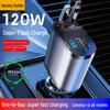 120W Fast Charging Car Charger with Digital Display, USB & Type-C Ports, Retractable Cable