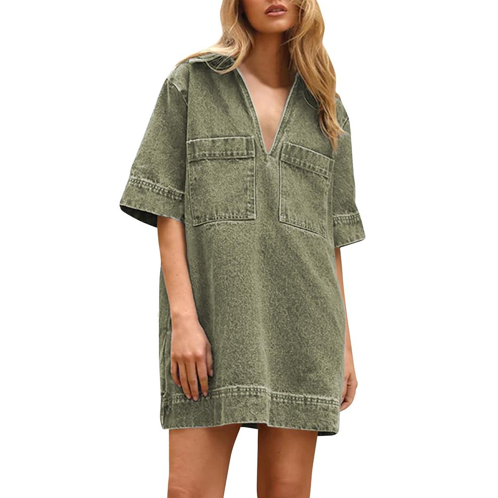 Womens  Denim Dress Summer Deep V Neck Half Sleeve Collared Loose  Jean Dress With Pockets