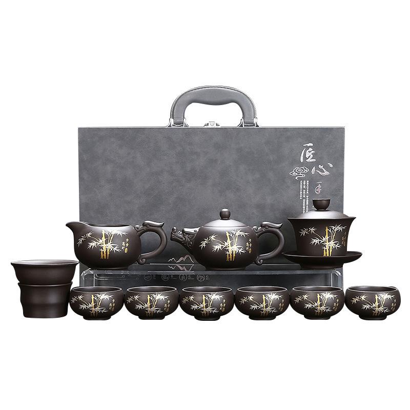 Purple Sand Kung Fu Tea Set Tea Art Tea Making Teapot Tea Cup Set Engraved Bamboo Pattern Chinese Style Tea Tray