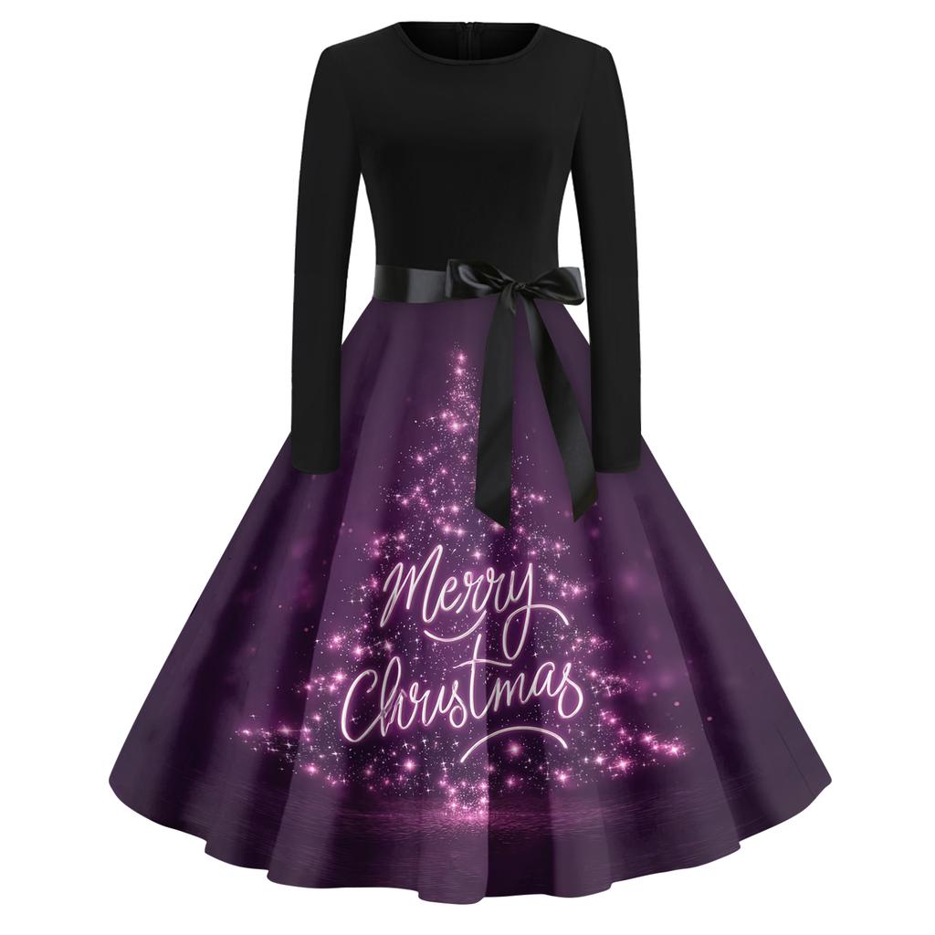 Women's Casual Fashion Round Neck Christmas Printed Vintage Dress
