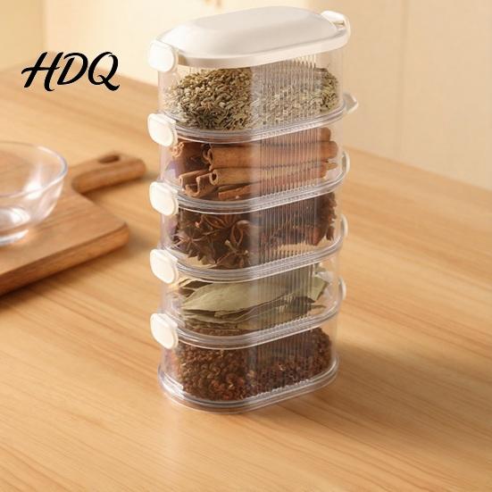 Divided Spice Organizer Stackable Bins 5-Tier Sealed Airtight Seasoning Storage Boxes Kitchen with Clear Compartments