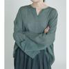 Johnature Women Summer T-shirt V-Neck Long Sleeve Solid Color Tees Ramie High Quality Loose Women Vintage T-Shirts
