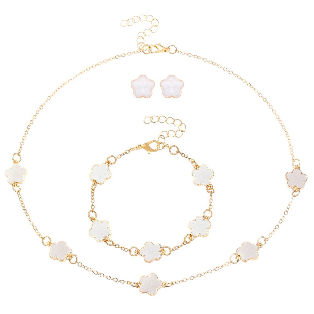 Women's Korean Five-Leaf Clover Jewelry Set: Simple Petal Necklace, Five-Leaf Flower Bracelet, Ring, Earrings (4-Piece Set)