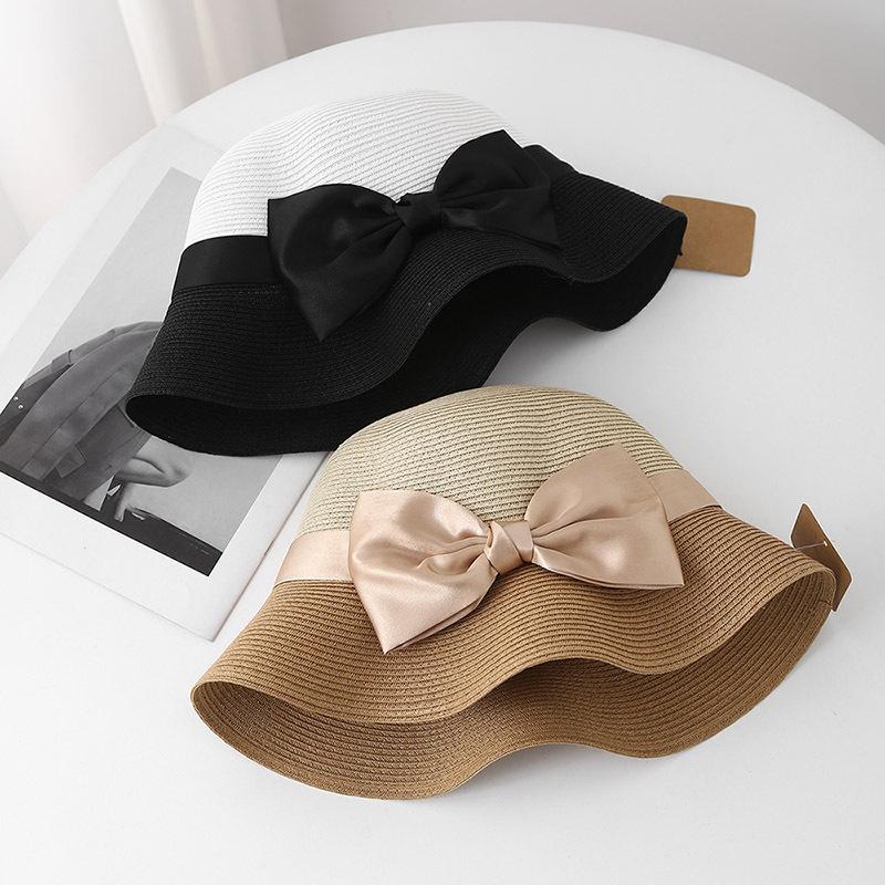 French Elegant Sunscreen Visor Summer Outing Straw Hat Foldable Sun Hat Bow Beach Bucket Hat Women