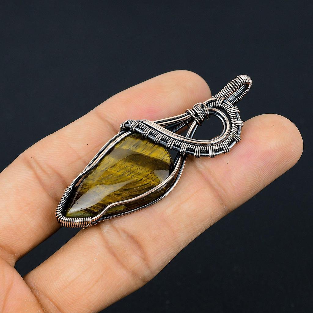 Tiger Eye Pendant, Handmade Gemstone 999 Copper Wire Wrapped Pendant Antique Jewelry, For Gift Silver Jewelry