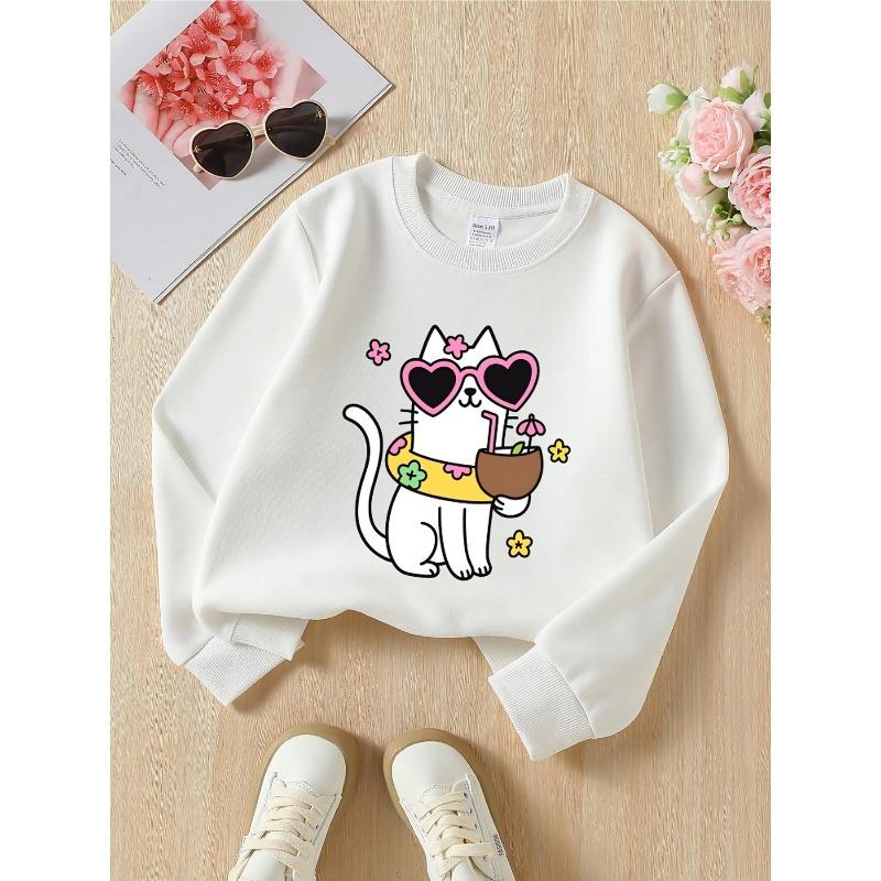 Kids Crewneck Sweatshirt, Cute Cat with Sunglasses & Coconut Print 110 белый