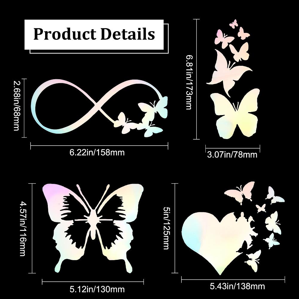 8 Sheets 4 Style Infinity Heart & Butterfly Laser Style Plastic Adhesive Car Stickers Waterproof Window Decals for Car Wall Decoration Colorful
