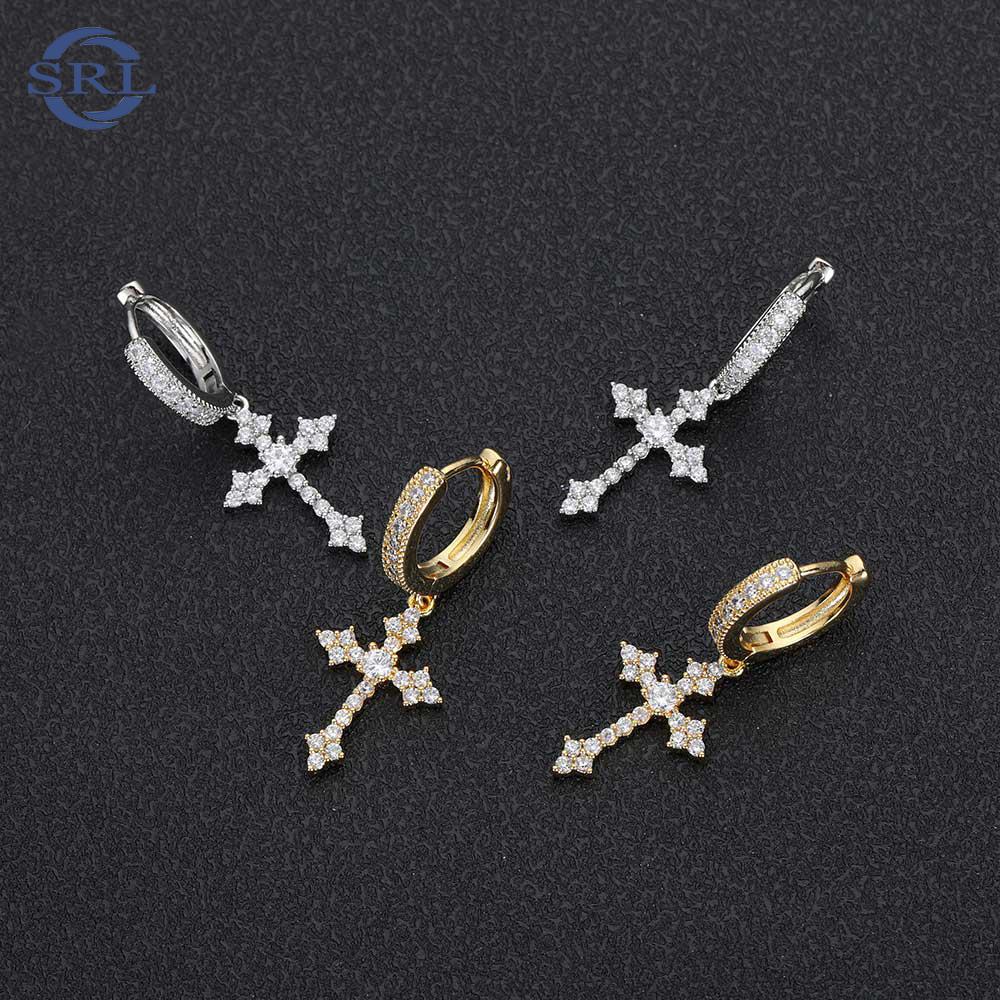 Luxury Cubic Zirconia Huggie Cross Earrings Hip Hop Icy Bling Jewelry Geometric Shape Gift Made Brass 18k
