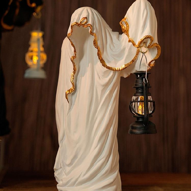 Halloween Wizard Holding Lanterns Sculpture with Intricate Carving Weather Resistant Resins Ornament For Mystical Displays