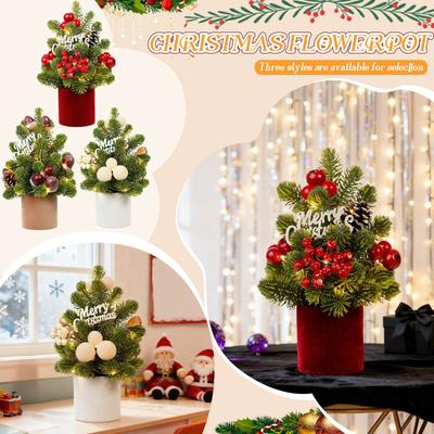 Tabletop Artificial Potted Christmas Tree With Led Lights,12 In Small Christmas Tree With Merry Christmas Sign,Berries,,Balls And Warm Lights,Min