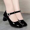 Women Glossy Leather Block Heel Mary Jane Shoes Spring Autumn New Soft Sole Round Toe Shallow Buckle Strap High Heel Nude Shoes