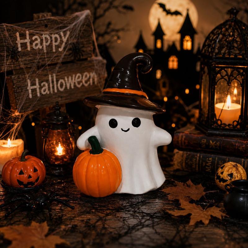 Resin Halloween Ghost With Pumpkin Ornament Mini Desktop Decor For Desk Window Sill Holiday Photo Prop Gift